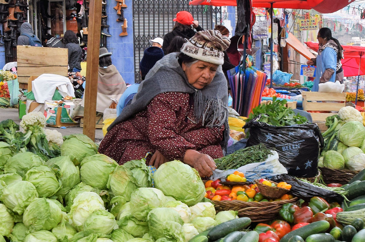 Marktkoopvrouw te midden van haar groente in La Paz