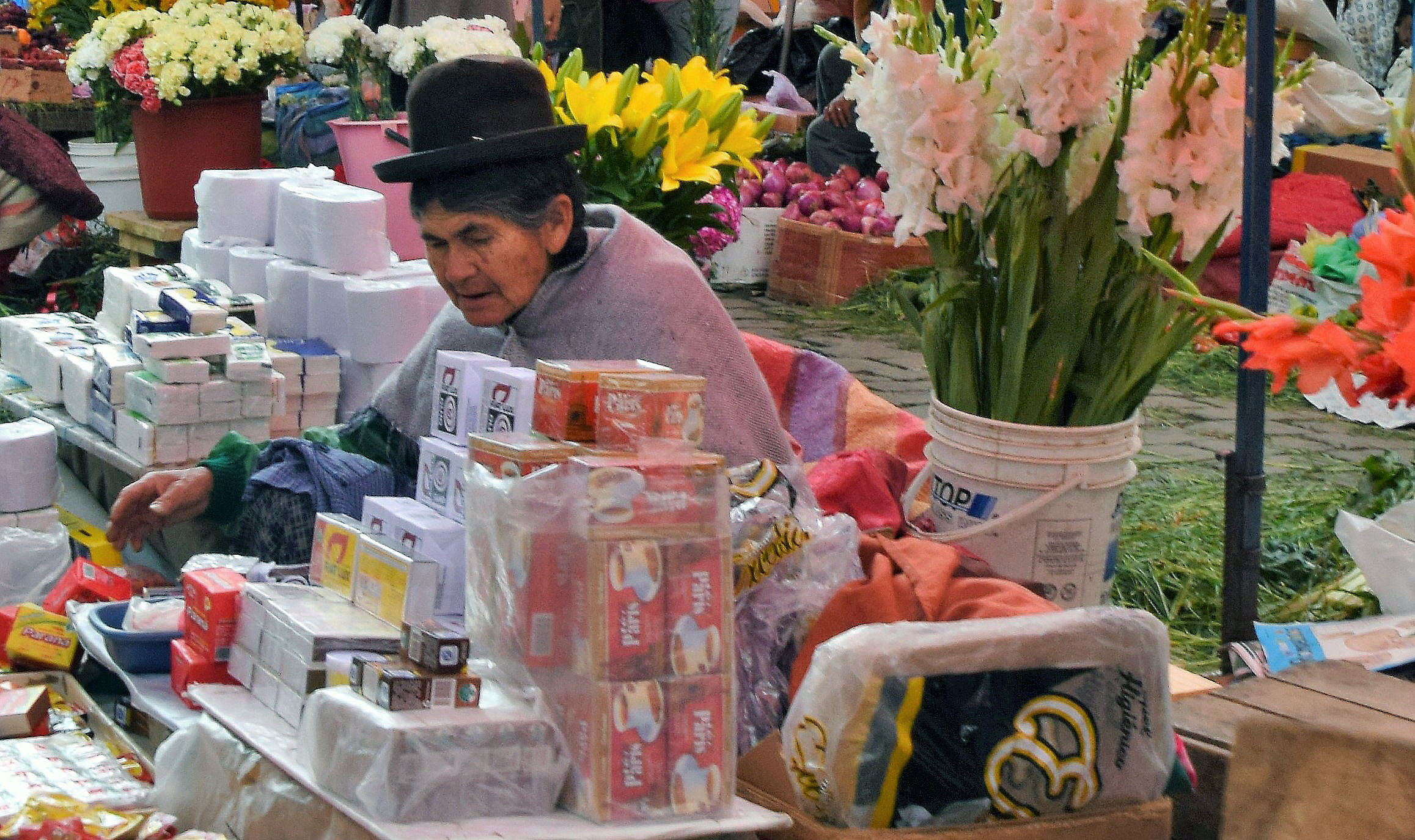 Vrouwelijke handelaar op een straatmarkt in La Paz