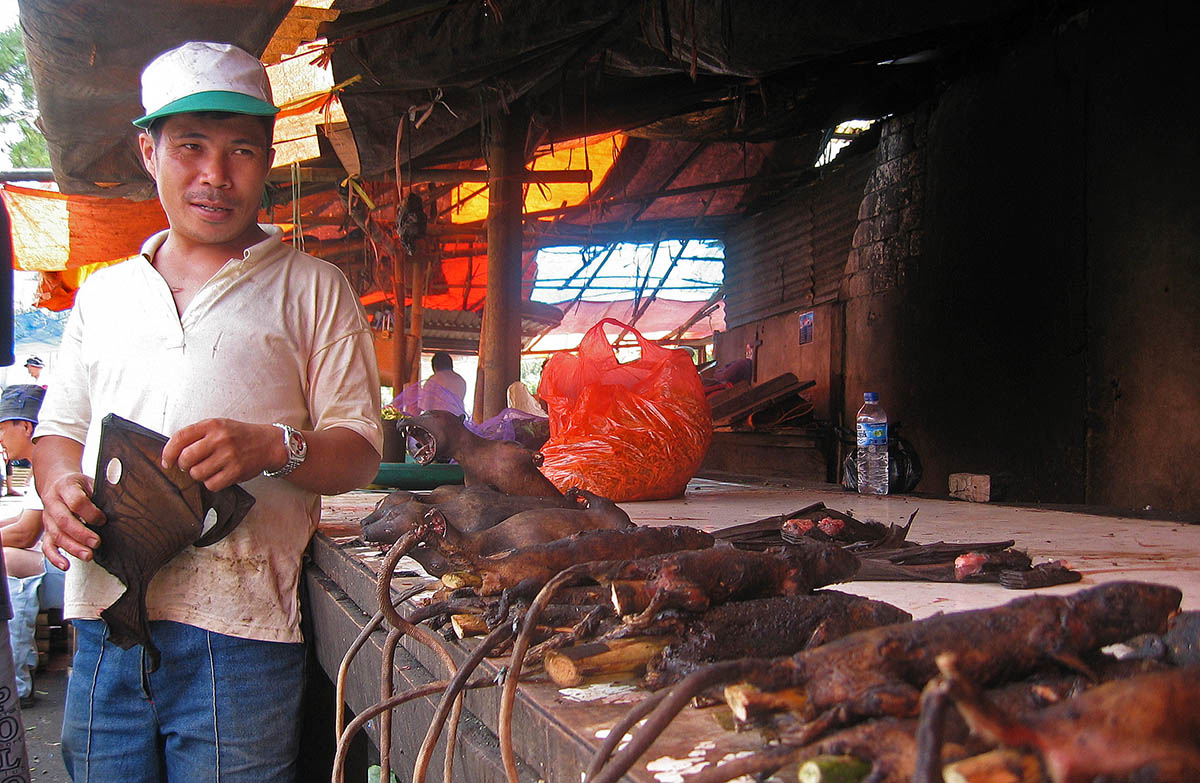 Man verkoopt geroosterde ratten op markt in Sulawesi.