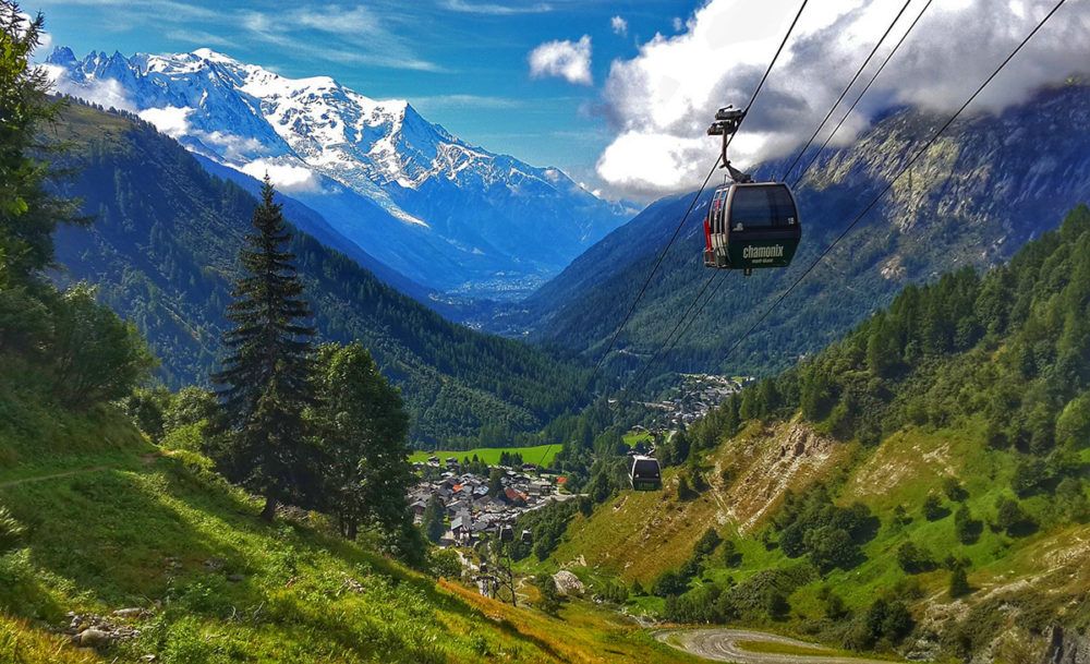 kabelbaan door groen berglandschap bij Chamonix.