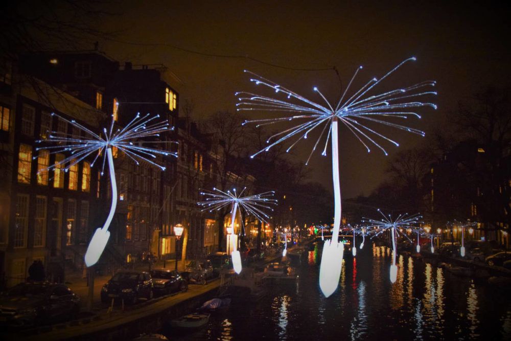 Zwevende paardenbloemen boven gracht bij Amsterdam Light Festival.