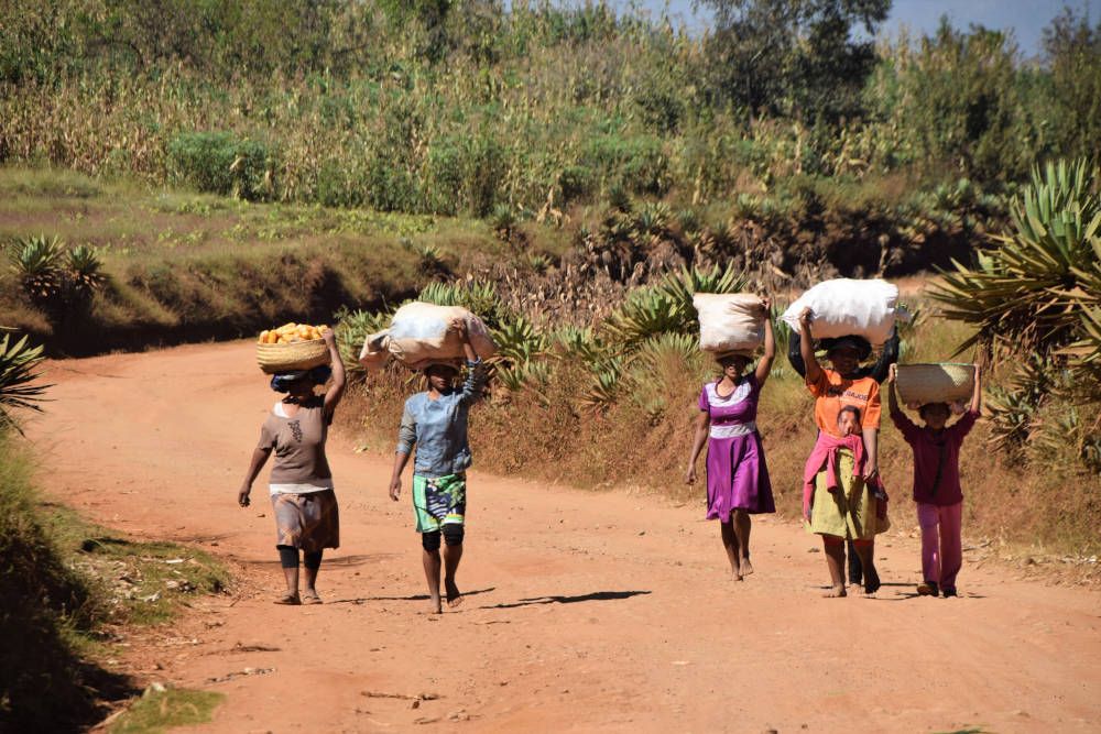 Vrouwen met manden op hun hoofd bij Antsirabe, Madagaskar